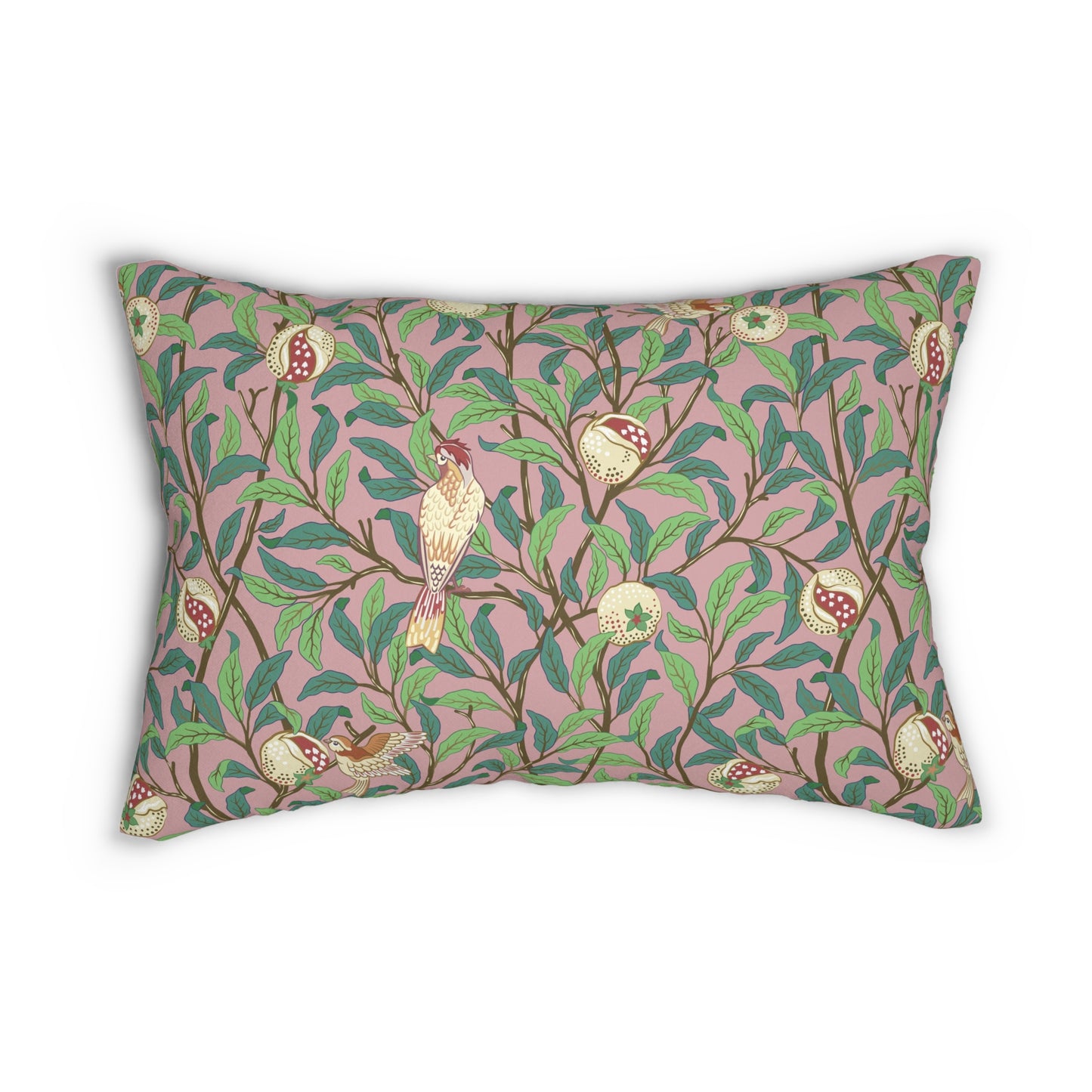Rectangular lumbar cushion with a floral and bird design inspired by William Morris, in predominantly green and pink colors.
