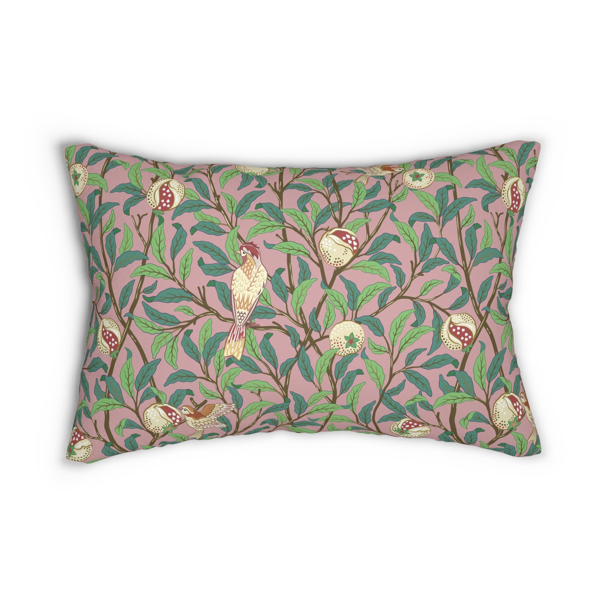 Rectangular lumbar cushion with a floral and bird design inspired by William Morris, in predominantly green and pink colors.