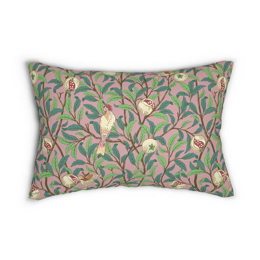 Rectangular lumbar cushion with a floral and bird design inspired by William Morris, in predominantly green and pink colors.