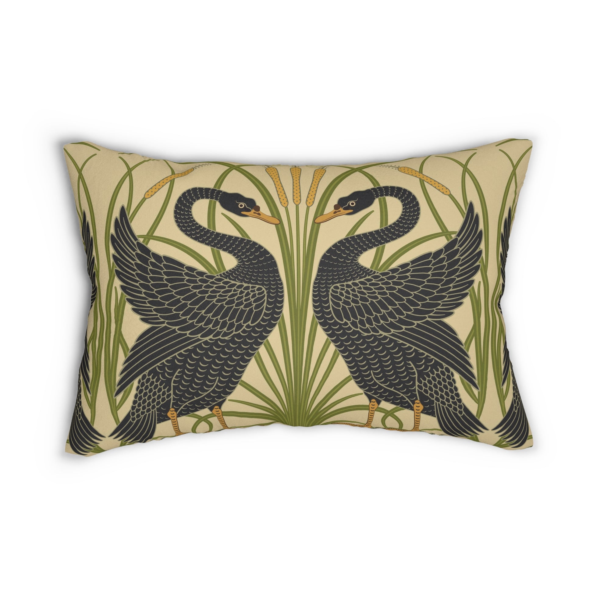 A rectangular lumbar cushion with a black and green William Morris & Co pattern featuring stylised swan figures.