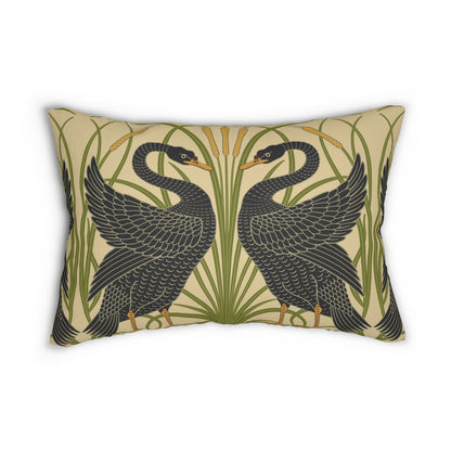 A rectangular lumbar cushion with a black and green William Morris & Co pattern featuring stylised swan figures.