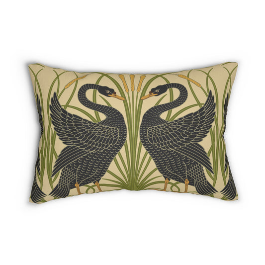 A rectangular lumbar cushion with a black and green William Morris & Co pattern featuring stylised swan figures.