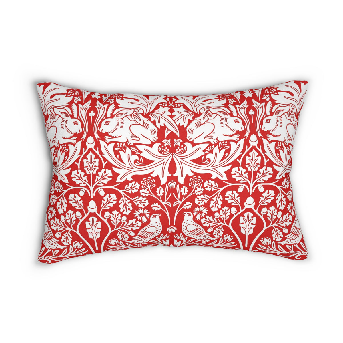 A rectangular throw pillow featuring a classic red and white floral and bird pattern, shown against a plain white background.
