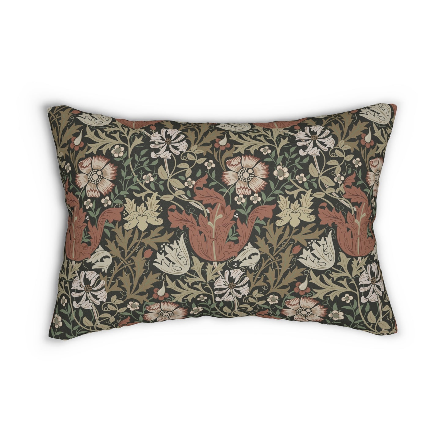 A rectangular William Morris inspired lumbar cushion with a floral pattern in beige, green, and red hues.