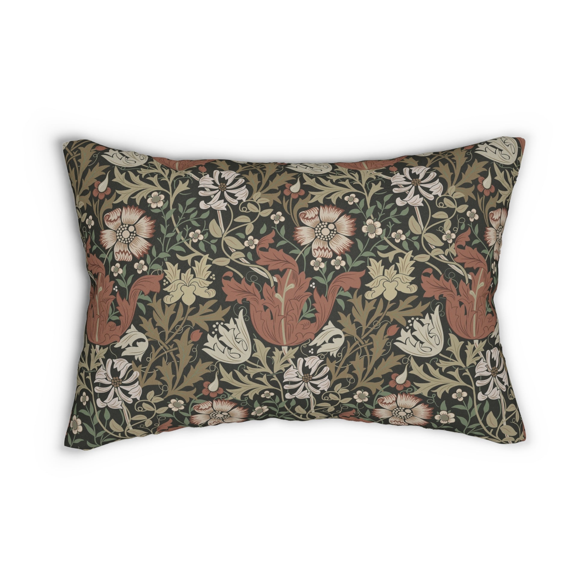 A rectangular William Morris inspired lumbar cushion with a floral pattern in beige, green, and red hues.