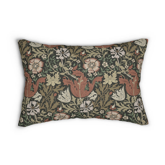 A rectangular William Morris inspired lumbar cushion with a floral pattern in beige, green, and red hues.