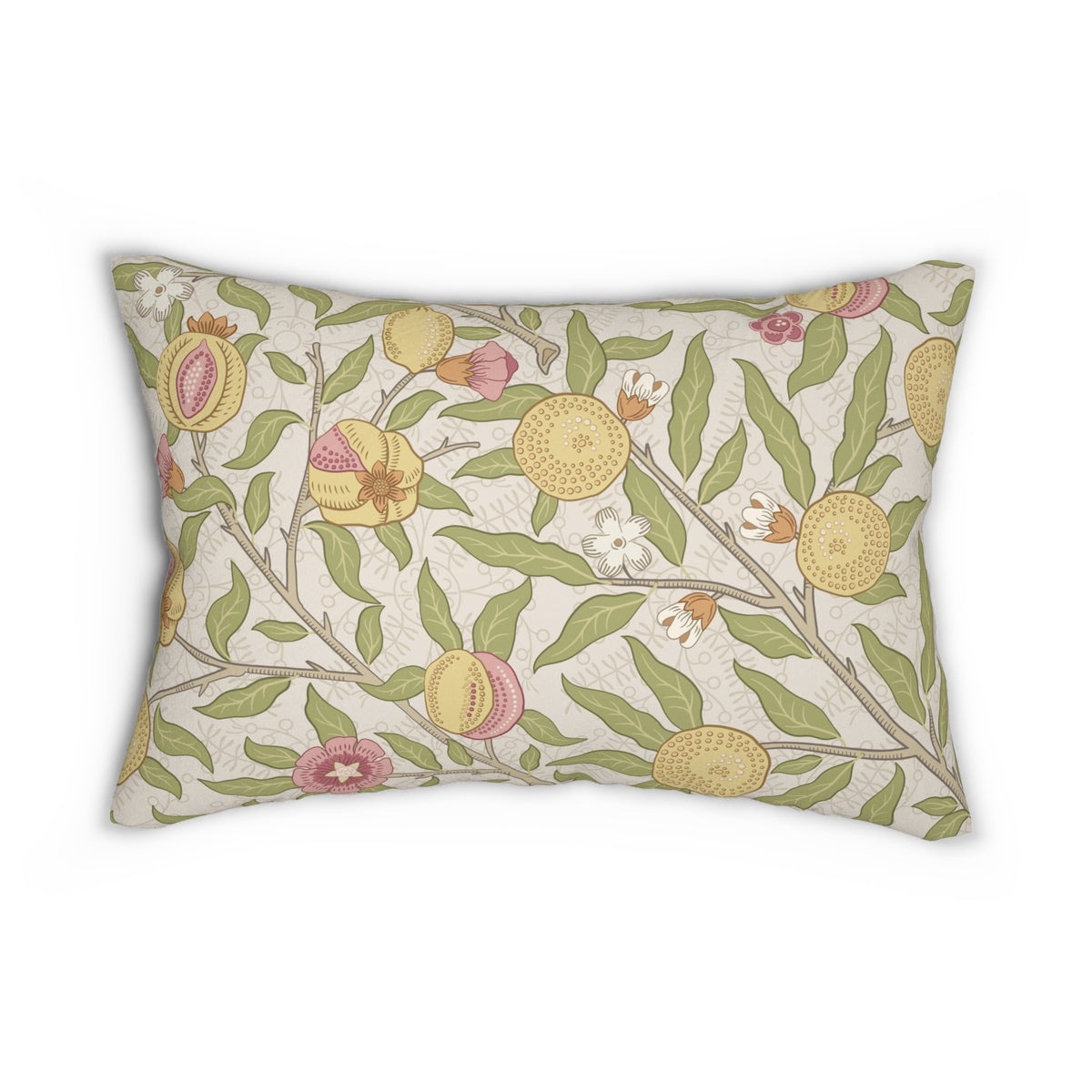 A rectangular decorative throw pillow featuring a vintage botanical pattern of pomegranates, green leaves, and small white flowers on a cream background, shown against a plain white studio backdrop.