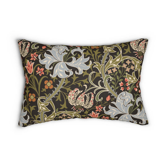 A rectangular lumbar cushion with a William Morris & Co floral pattern featuring various colours such as beige, green, brown, and white.