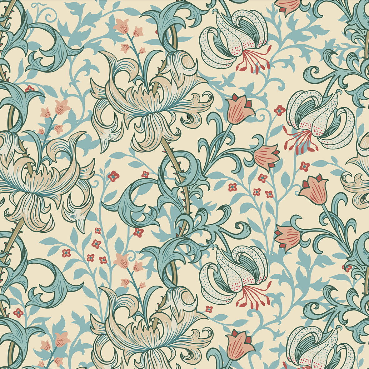 A rectangular decorative throw pillow featuring an intricate William Morris & Co Art Nouveau floral pattern in light blue, coral pink, and cream.