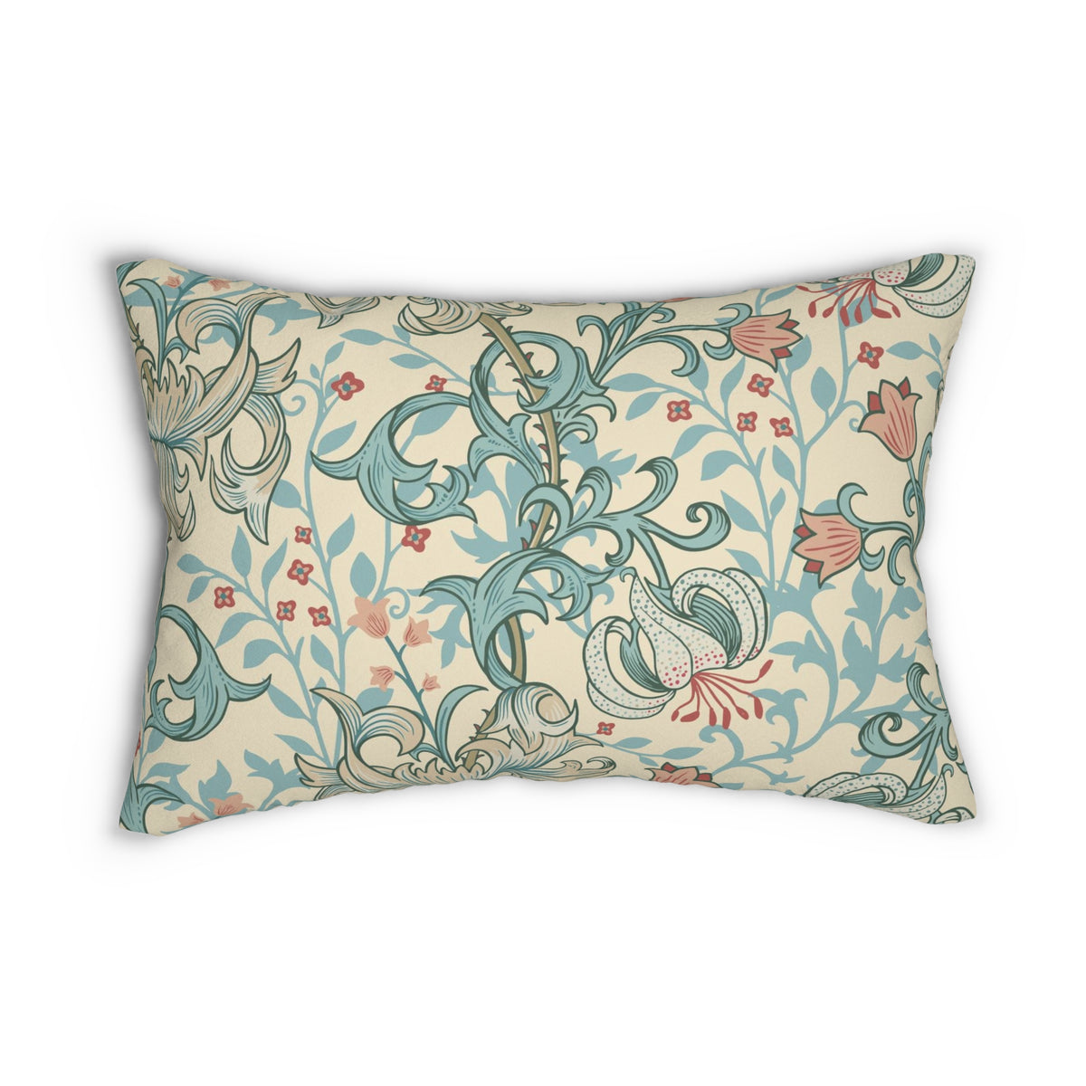A rectangular decorative throw pillow featuring an intricate William Morris & Co Art Nouveau floral pattern in light blue, coral pink, and cream.