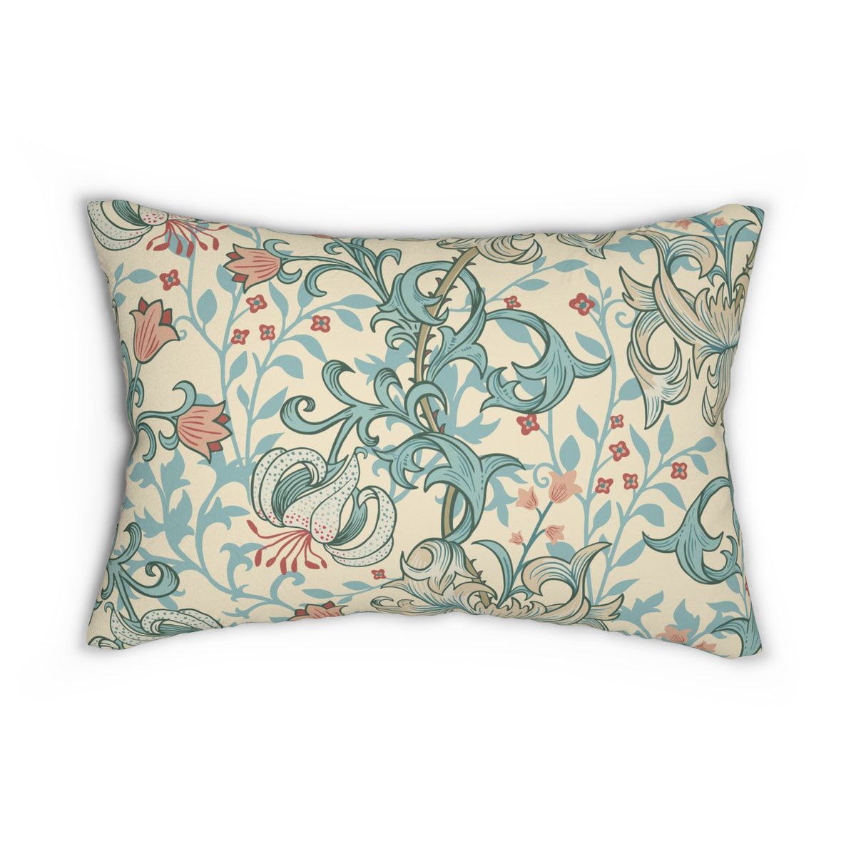 A rectangular decorative throw pillow featuring an Art Nouveau floral pattern in teal, dusty pink, and dark gray on a warm cream background.