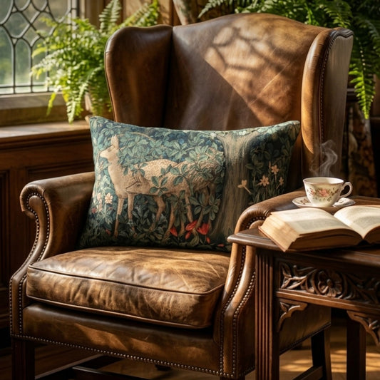 A decorative rectangular throw pillow with a detailed woodland deer pattern in teal, beige, and red, styled on a brown leather wingback armchair next to a wooden side table with an open book and a teacup.