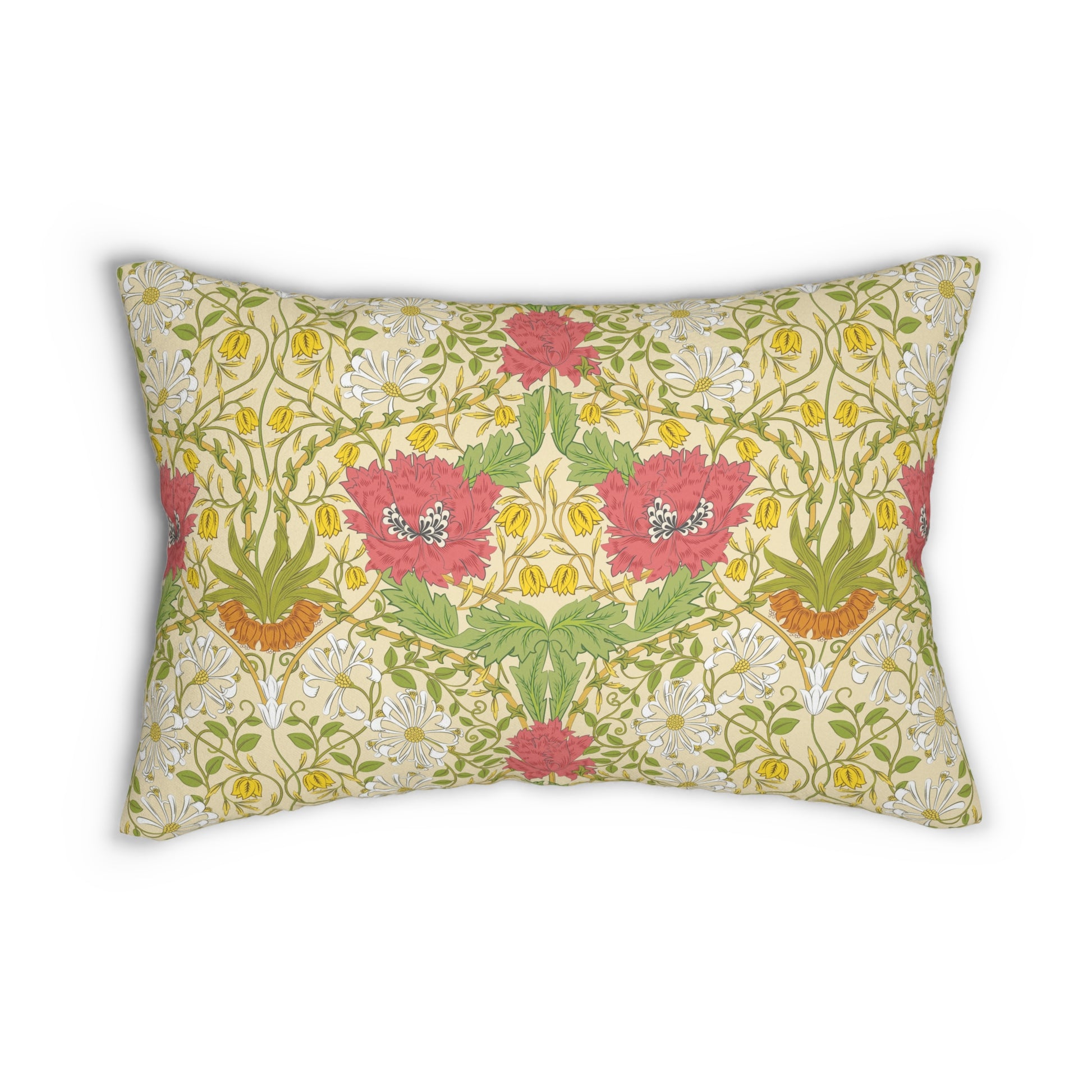 A rectangular lumbar cushion with a floral William Morris & Co pattern featuring honeysuckle designs in shades of pink, green, and yellow, and a concealed beige zipper.