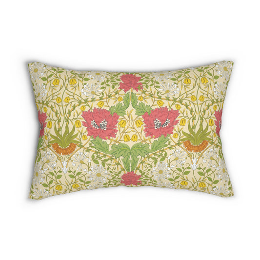 A rectangular lumbar cushion with a floral William Morris & Co pattern featuring honeysuckle designs in shades of pink, green, and yellow, and a concealed beige zipper.