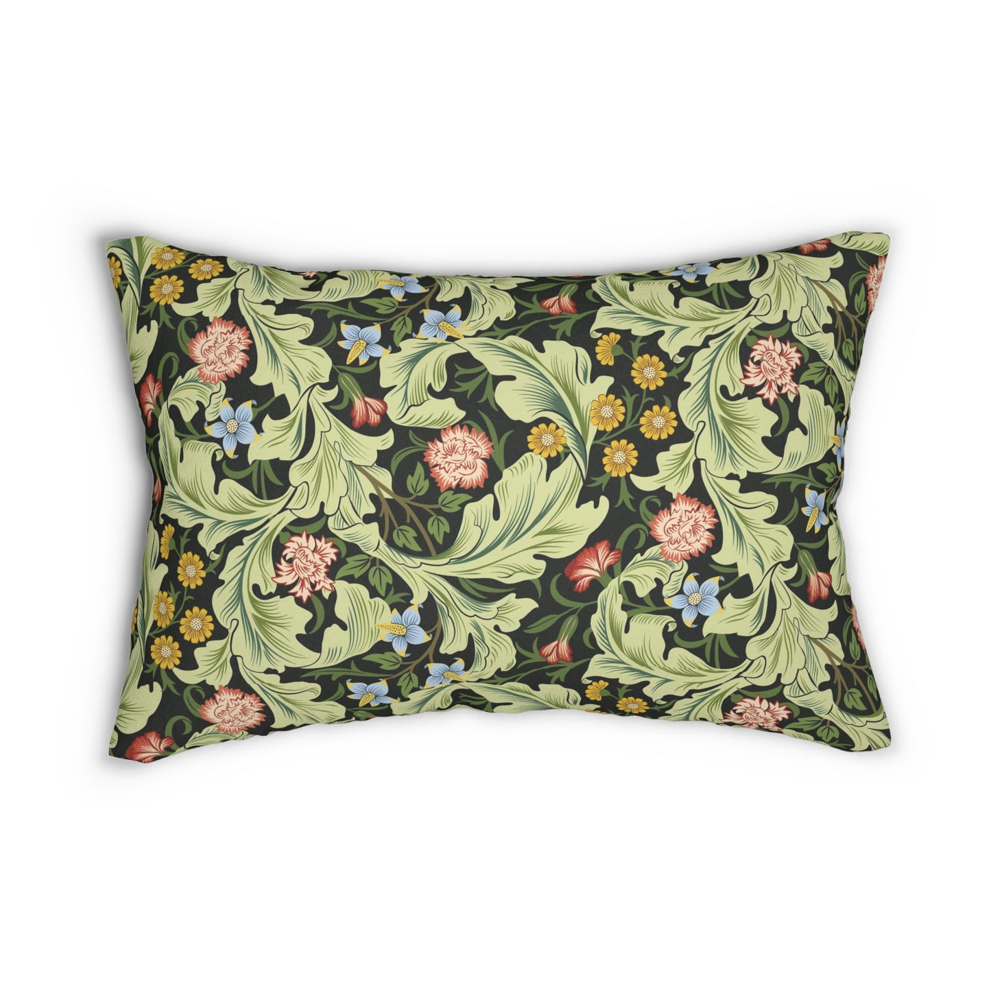 A rectangular lumbar cushion with a green William Morris & Co floral pattern on a mildew-resistant spun polyester fabric, featuring a concealed beige zipper.