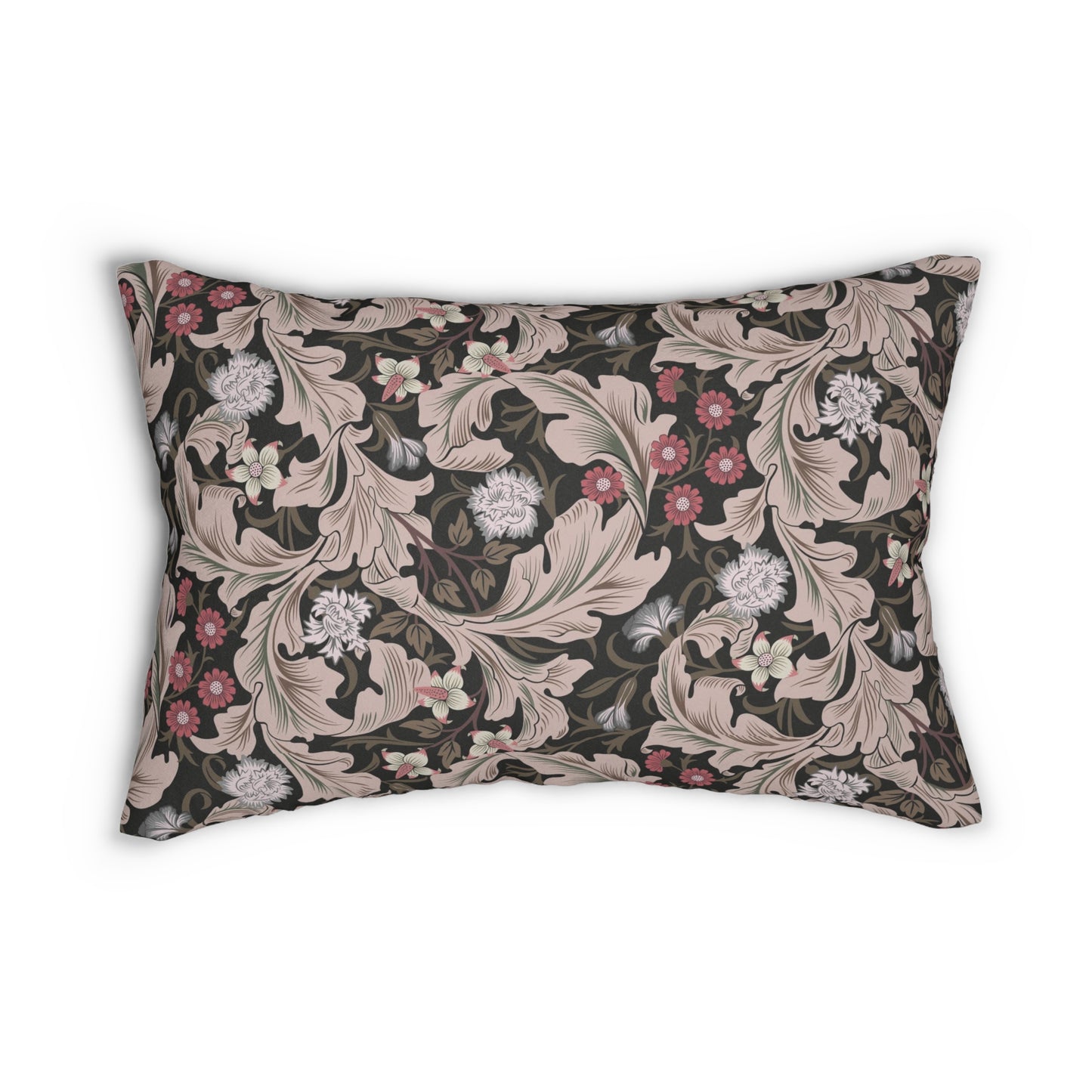 A rectangular lumbar cushion with a floral William Morris & Co pattern in muted colours on a dark background, featuring a concealed zipper.