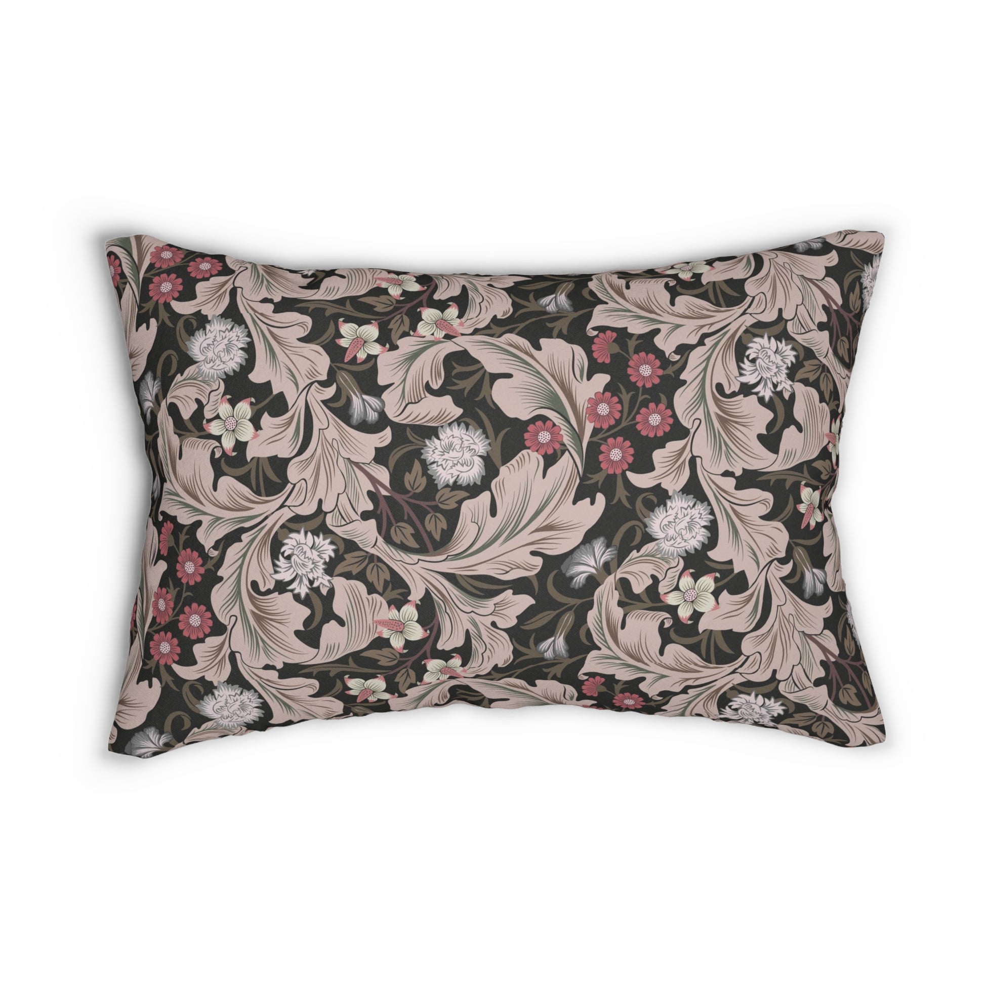 A rectangular lumbar cushion with a floral William Morris & Co pattern in muted colours on a dark background, featuring a concealed zipper.