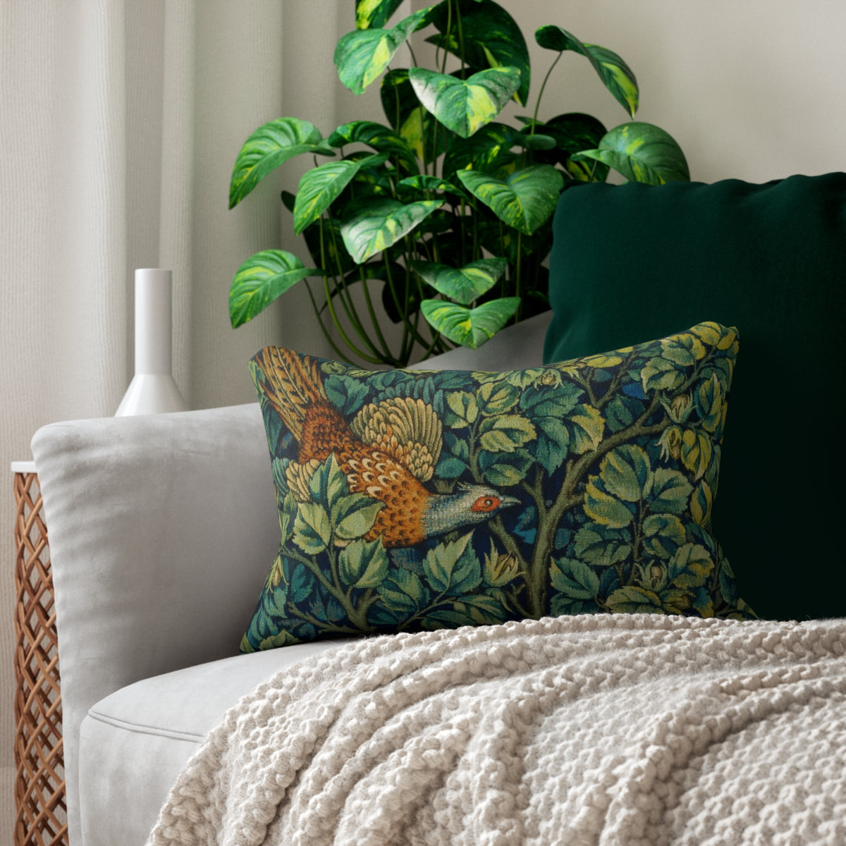 Lumbar Cushion designed by William Morris & Co in a green floral pattern called Pheasant & Squirrel Collection (Pheasant)