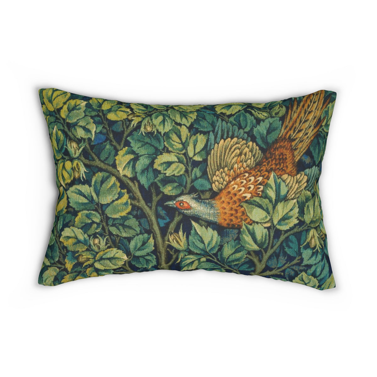 Lumbar Cushion designed by William Morris & Co in a green floral pattern called Pheasant & Squirrel Collection (Pheasant)
