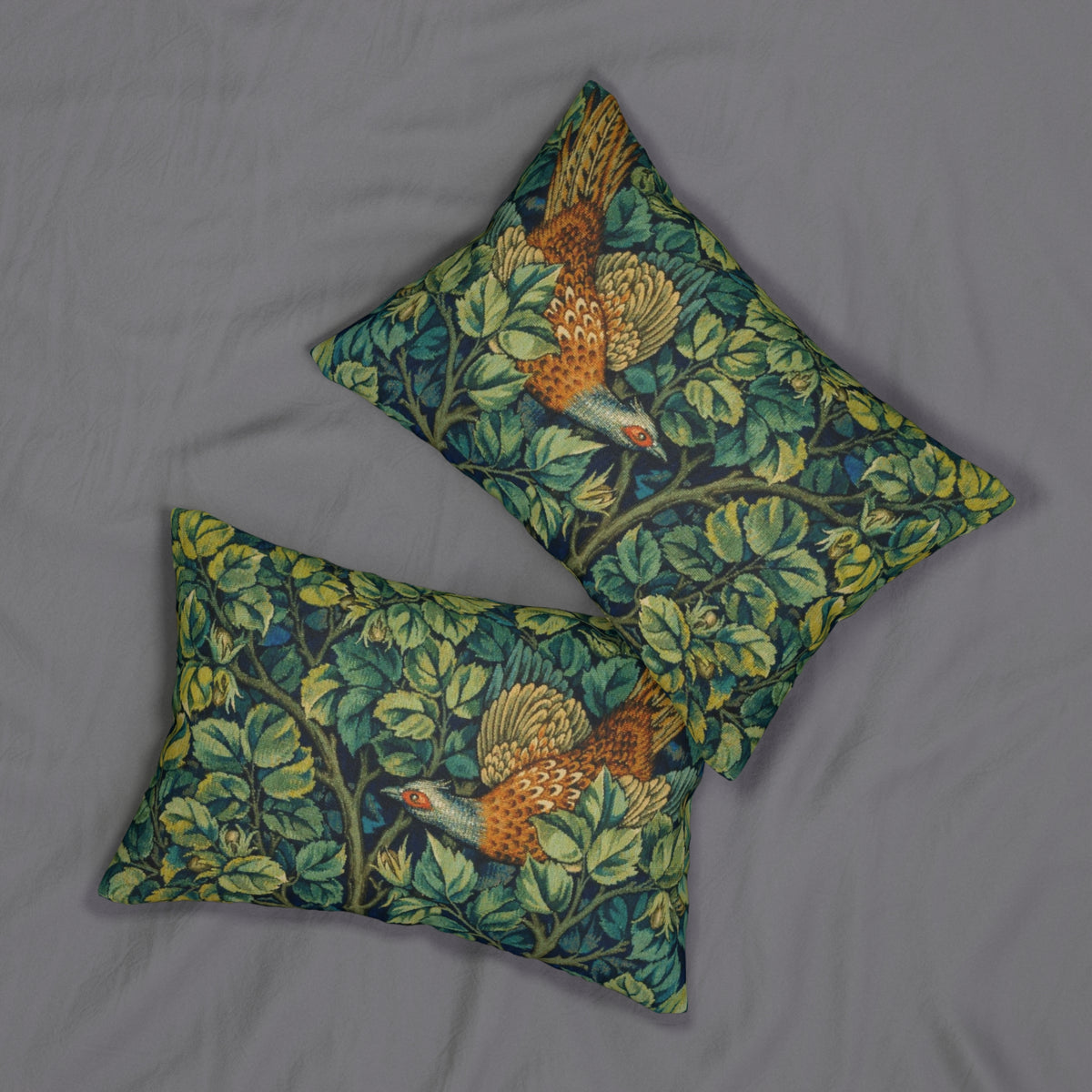 Lumbar Cushion designed by William Morris & Co in a green floral pattern called Pheasant & Squirrel Collection (Pheasant)