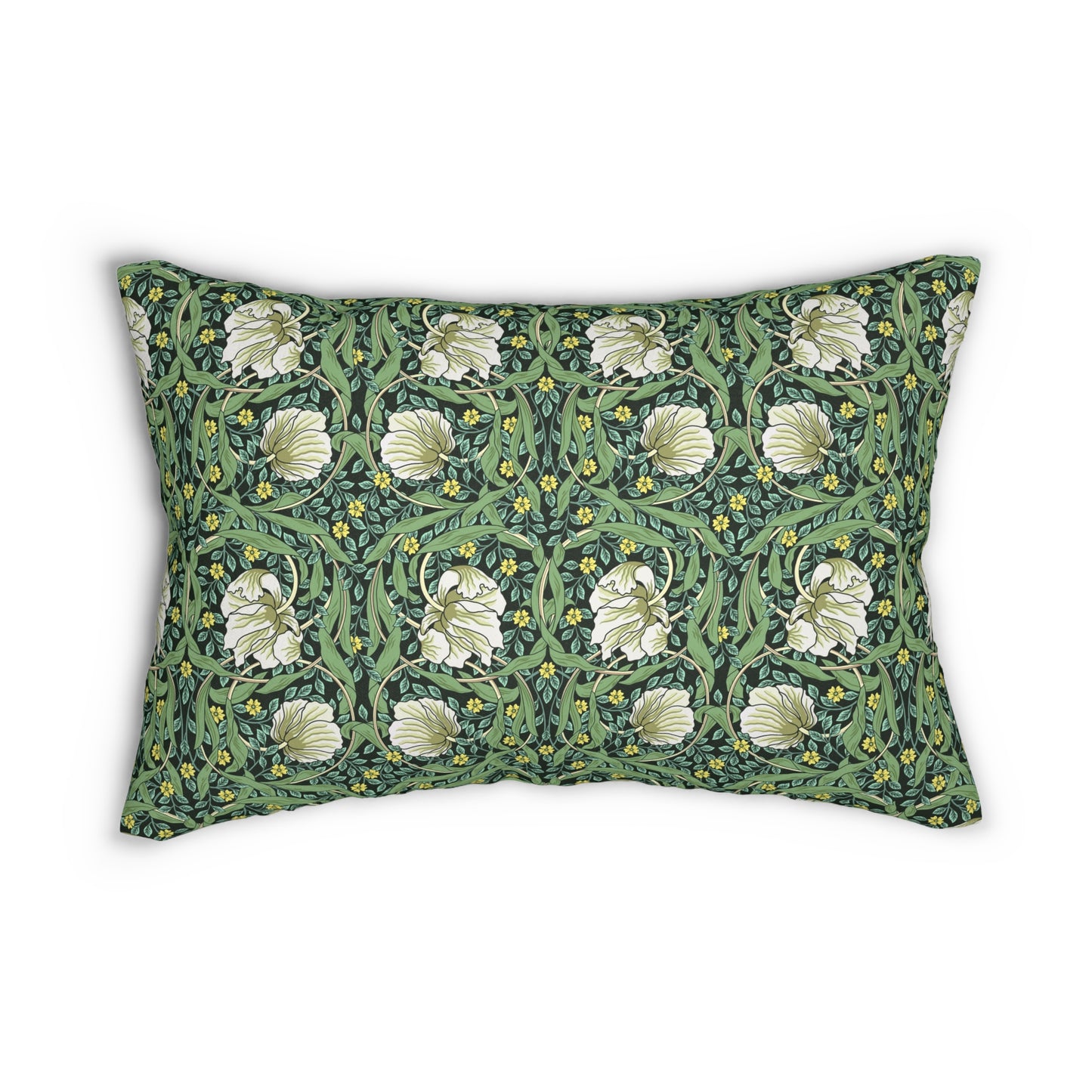 A rectangular lumbar cushion with a green William Morris & Co floral pattern on a green background, featuring a concealed beige zipper.