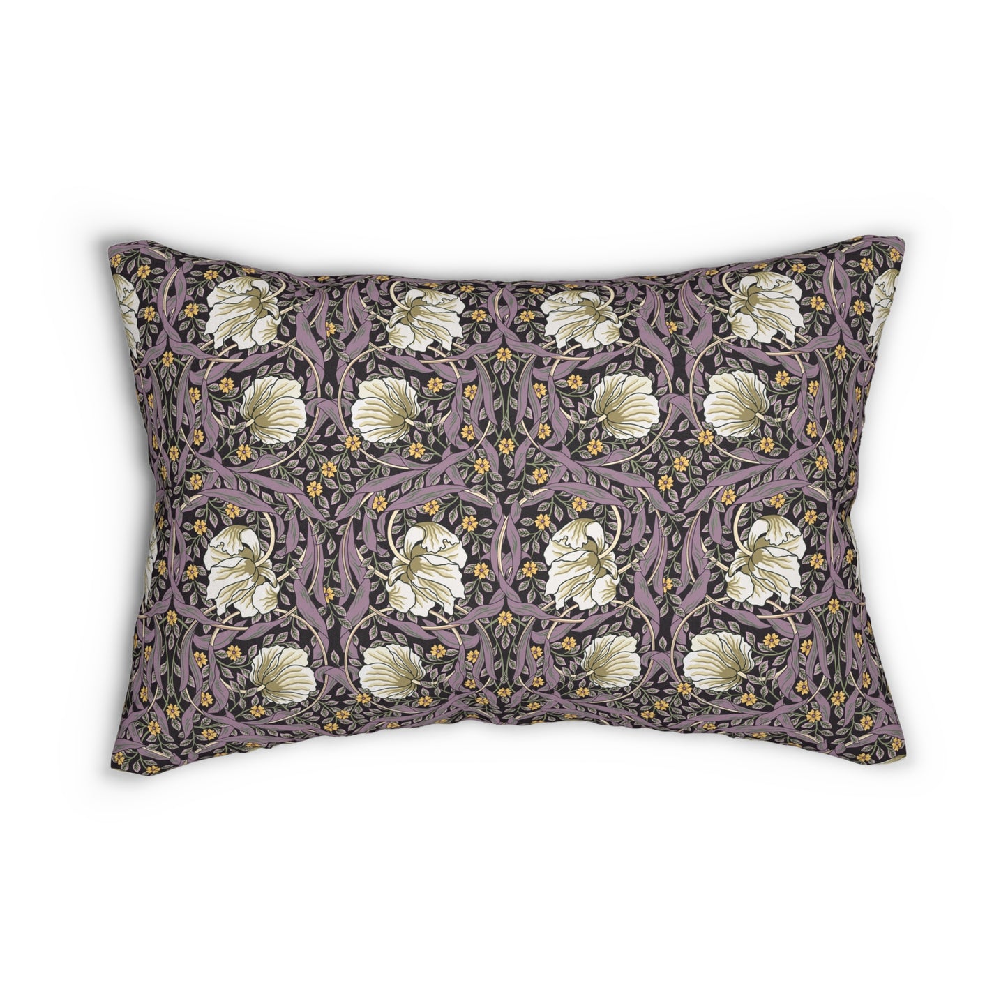 A rectangular lumbar cushion with a William Morris & Co floral pattern featuring pink and yellow flowers and green leaves on a dark background, with a concealed beige zipper.