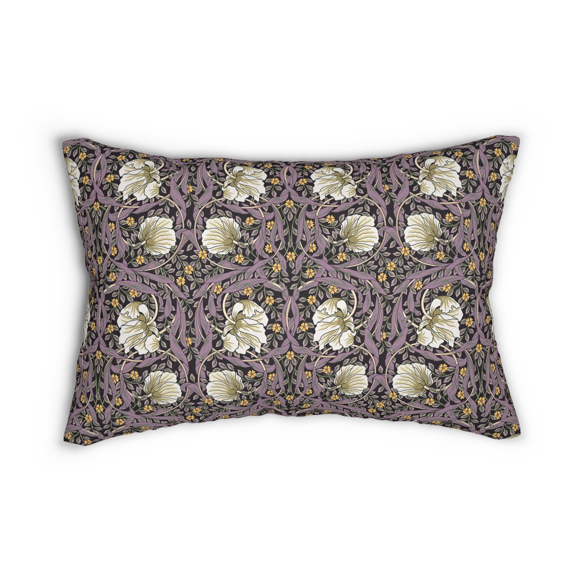 A rectangular lumbar cushion with a William Morris & Co floral pattern featuring pink and yellow flowers and green leaves on a dark background, with a concealed beige zipper.