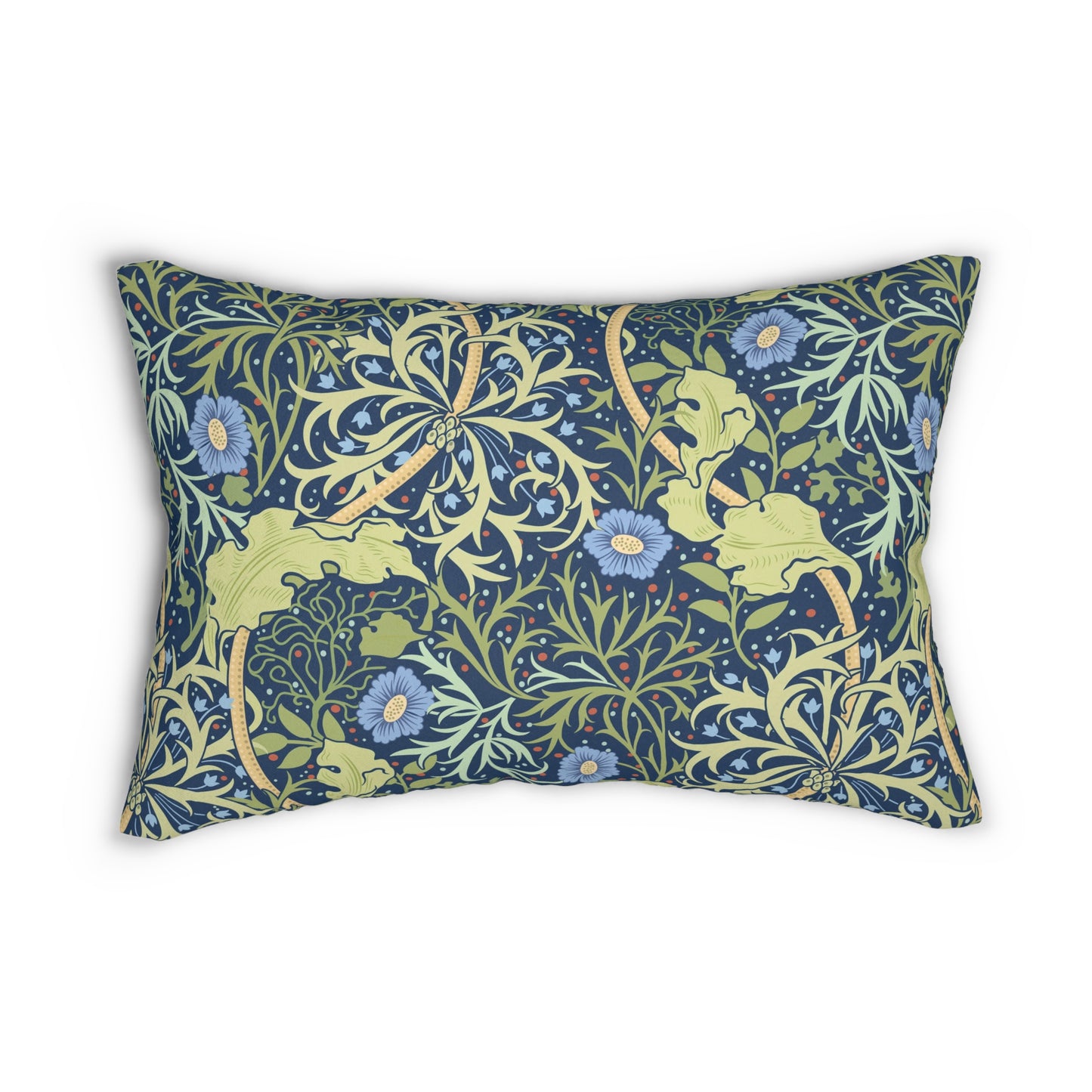 Rectangular lumbar cushion with a floral William Morris & Co pattern in blue, green, and yellow hues, featuring a hidden beige zipper.