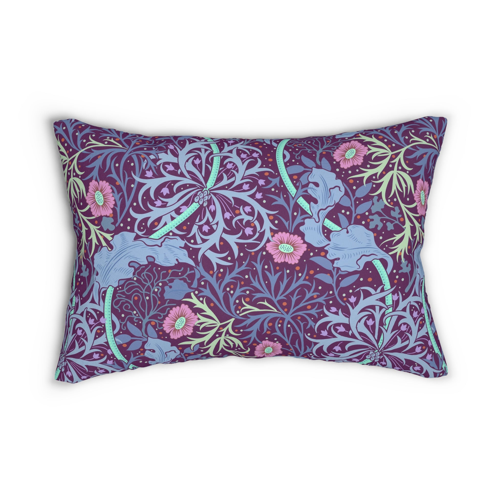 Rectangular lumbar cushion with a William Morris & Co floral pattern in pink, green, and purple colours