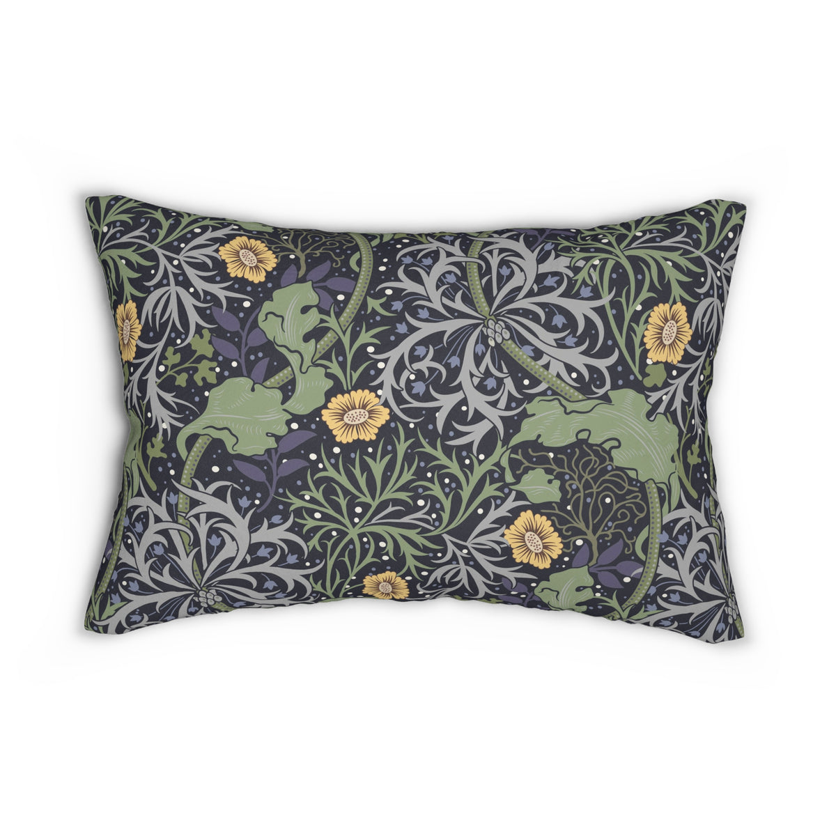 A rectangular decorative throw pillow featuring a dense botanical pattern with green leaves, yellow flowers, and swirling gray foliage on a dark navy background, shown against a plain white studio backdrop.