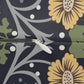 Close-up of a fabric surface with a floral and botanical pattern in dark navy, yellow, green, and gray, with a zipper running horizontally across the center.
