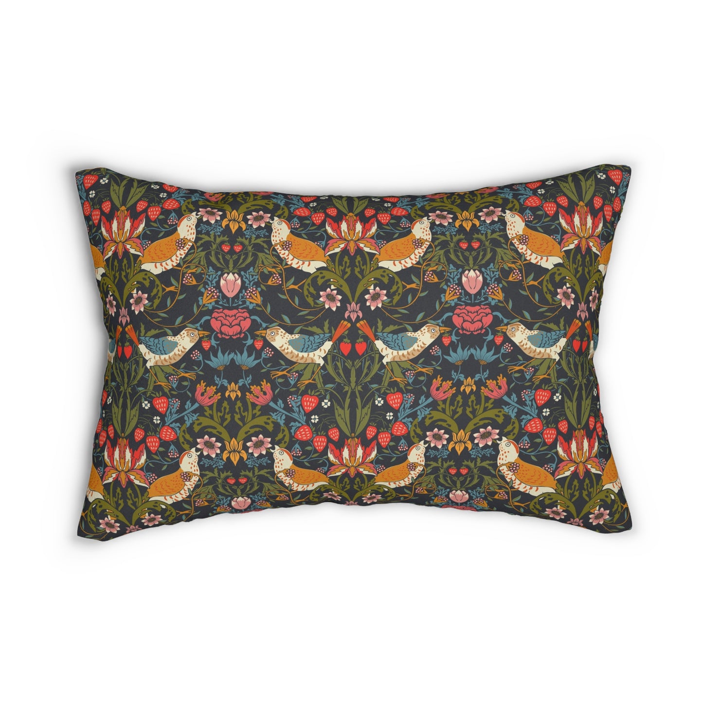 A rectangular lumbar cushion with a floral and bird design inspired by William Morris, predominantly in dark colors.