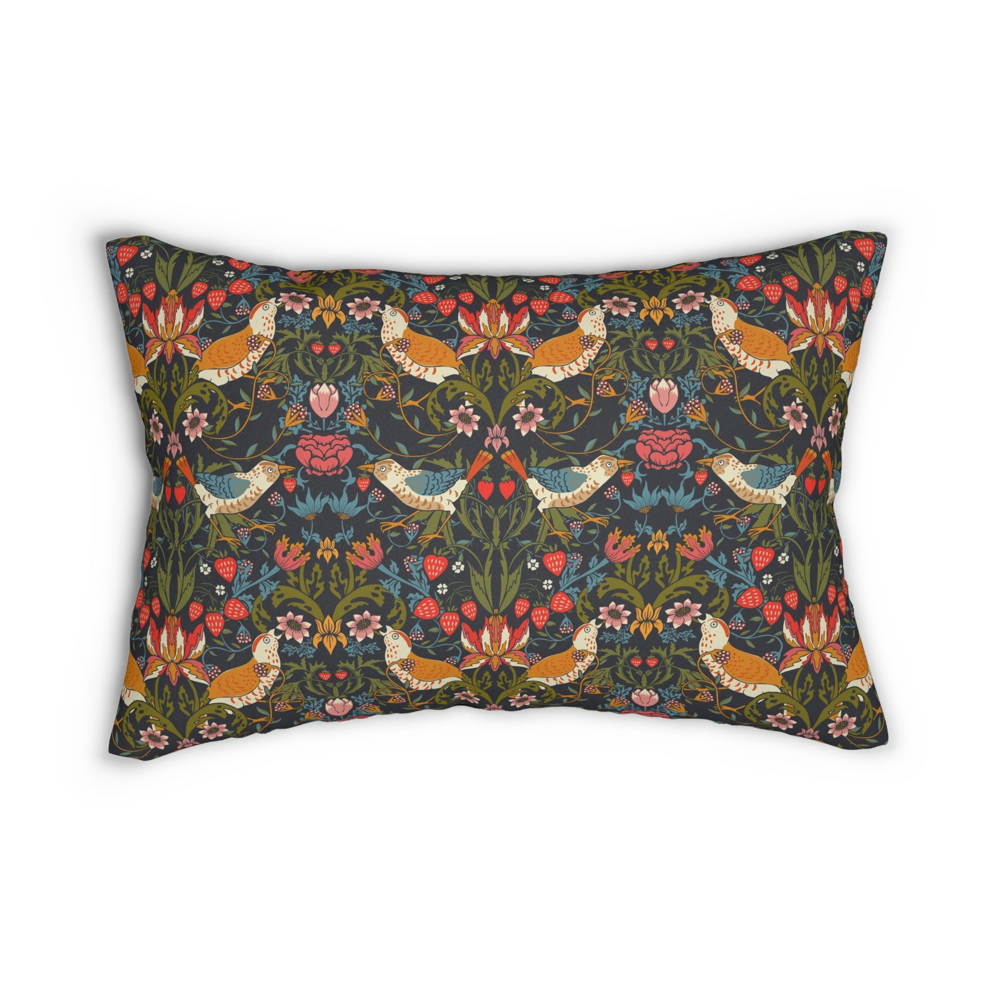 A rectangular lumbar cushion with a floral and bird design inspired by William Morris, predominantly in dark colors.