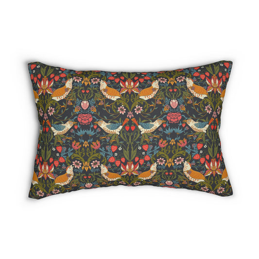 A rectangular lumbar cushion with a floral and bird design inspired by William Morris, predominantly in dark colors.