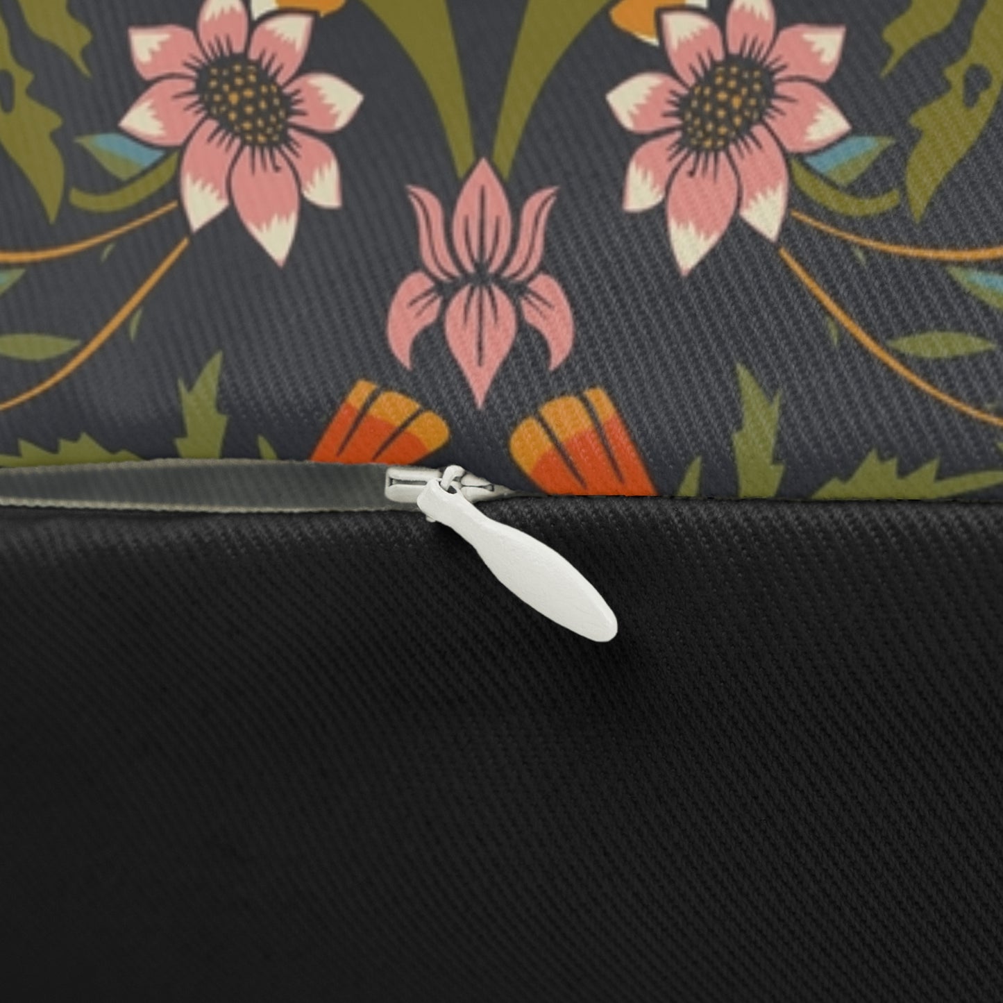 Close-up of a zipper on a floral-patterned bag.