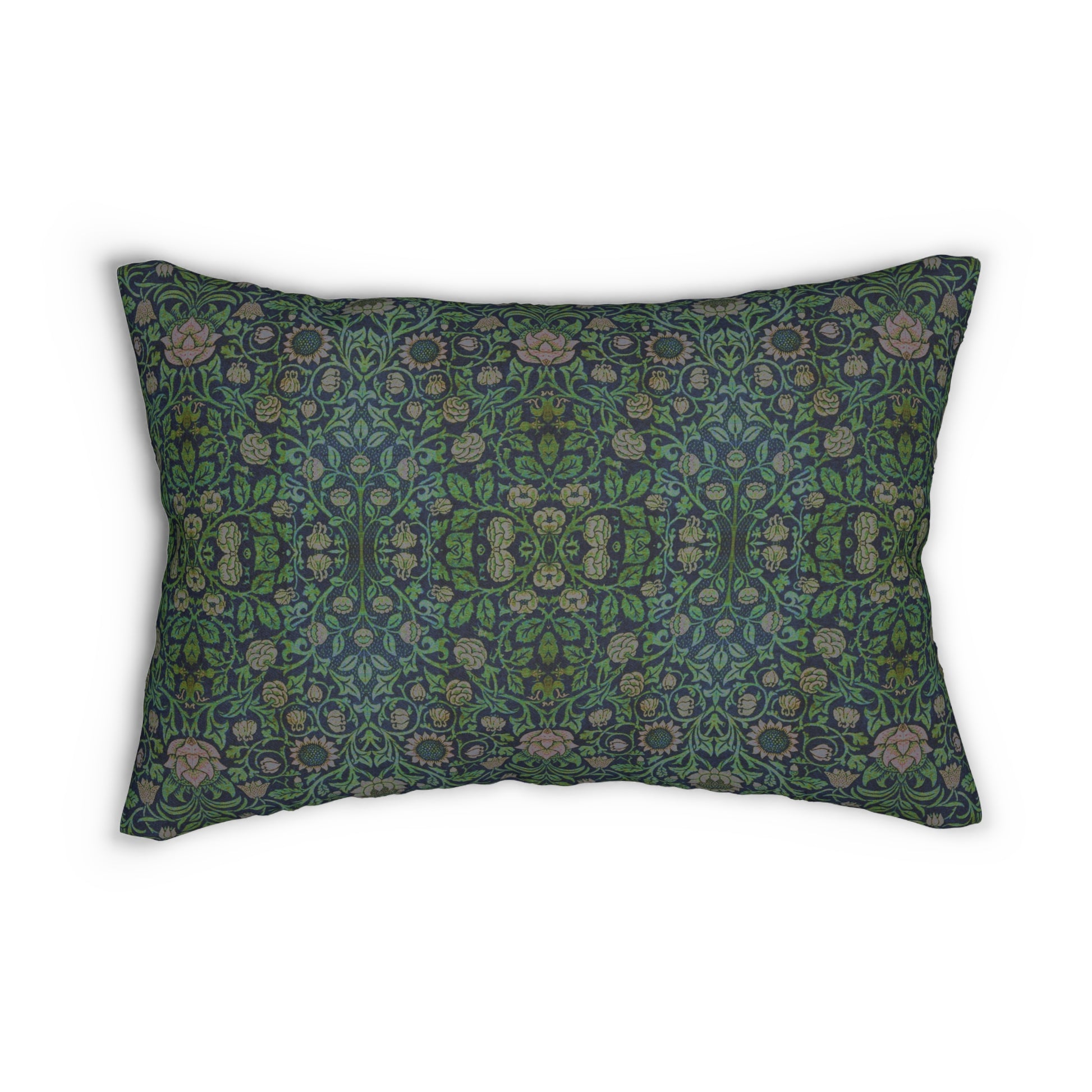 A rectangular lumbar cushion with a green and beige William Morris & Co floral pattern on a dark green background, featuring a concealed beige zipper.