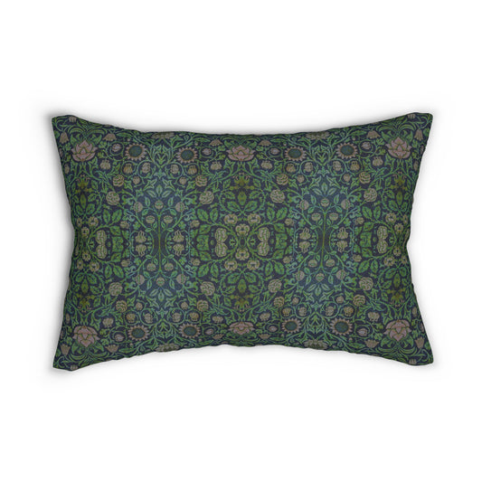 A rectangular lumbar cushion with a green and beige William Morris & Co floral pattern on a dark green background, featuring a concealed beige zipper.