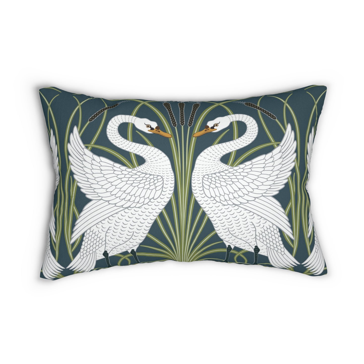 A decorative lumbar cushion featuring a white swan design on a darker background, with a floral William Morris & Co pattern in the background.