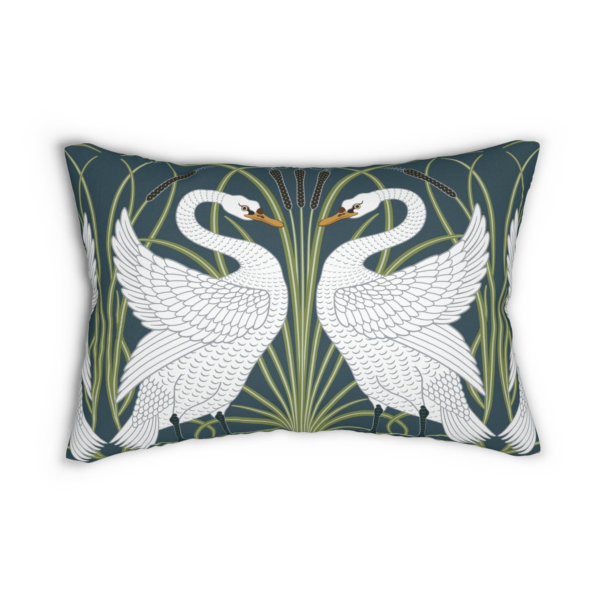 A decorative lumbar cushion featuring a white swan design on a darker background, with a floral William Morris & Co pattern in the background.