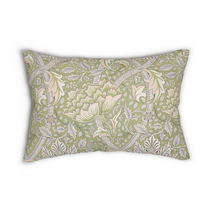 A rectangular decorative throw pillow featuring a classic William Morris-style floral and vine pattern in sage green, cream, and gray, shown against a plain white background.