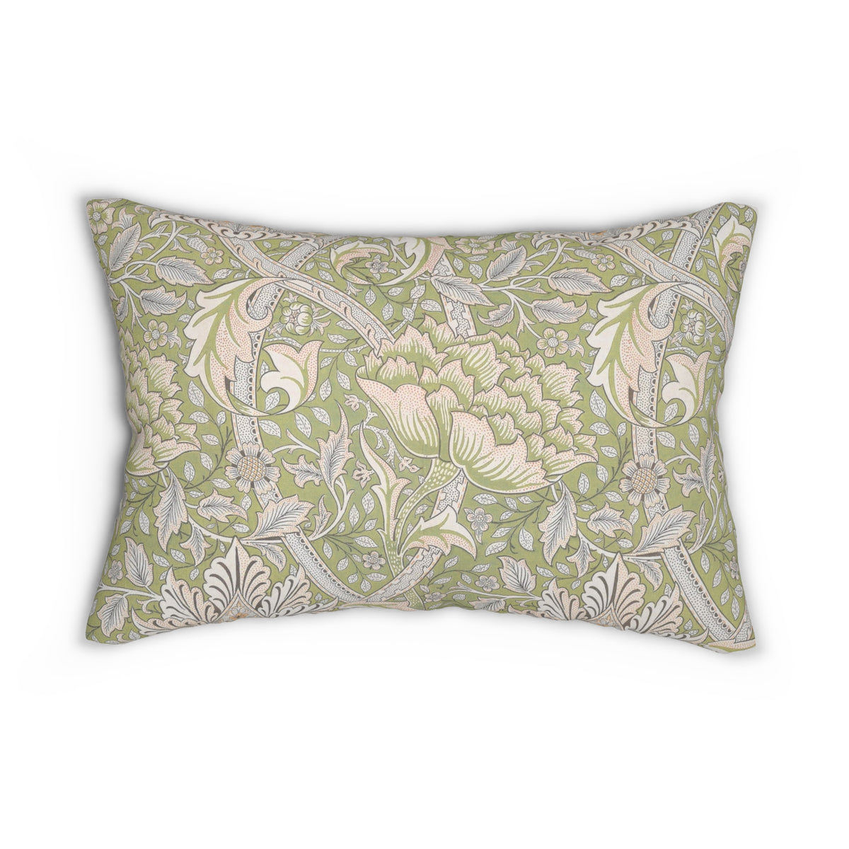 A rectangular decorative throw pillow featuring a classic William Morris-style floral and vine pattern in sage green, cream, and gray, shown against a plain white background.