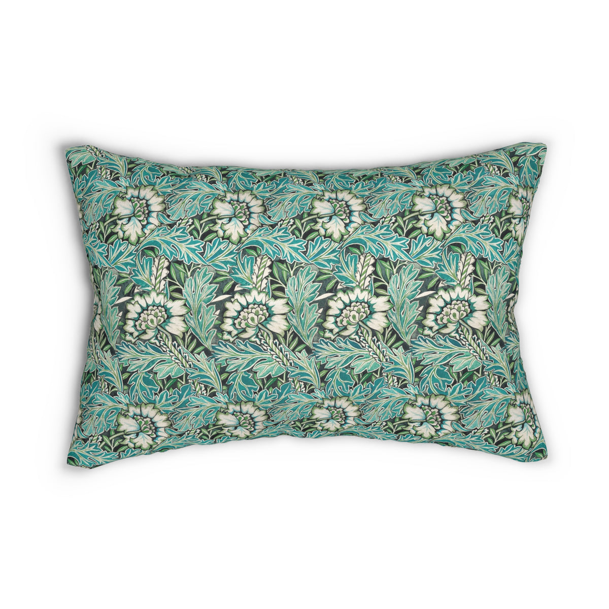 A rectangular decorative throw pillow featuring a dense floral and botanical pattern in teal, green, cream, and black, set against a plain white background.