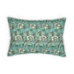 A rectangular lumbar throw pillow featuring a classic William Morris-style floral and foliage pattern in teal, green, and cream, shown against a plain white background.