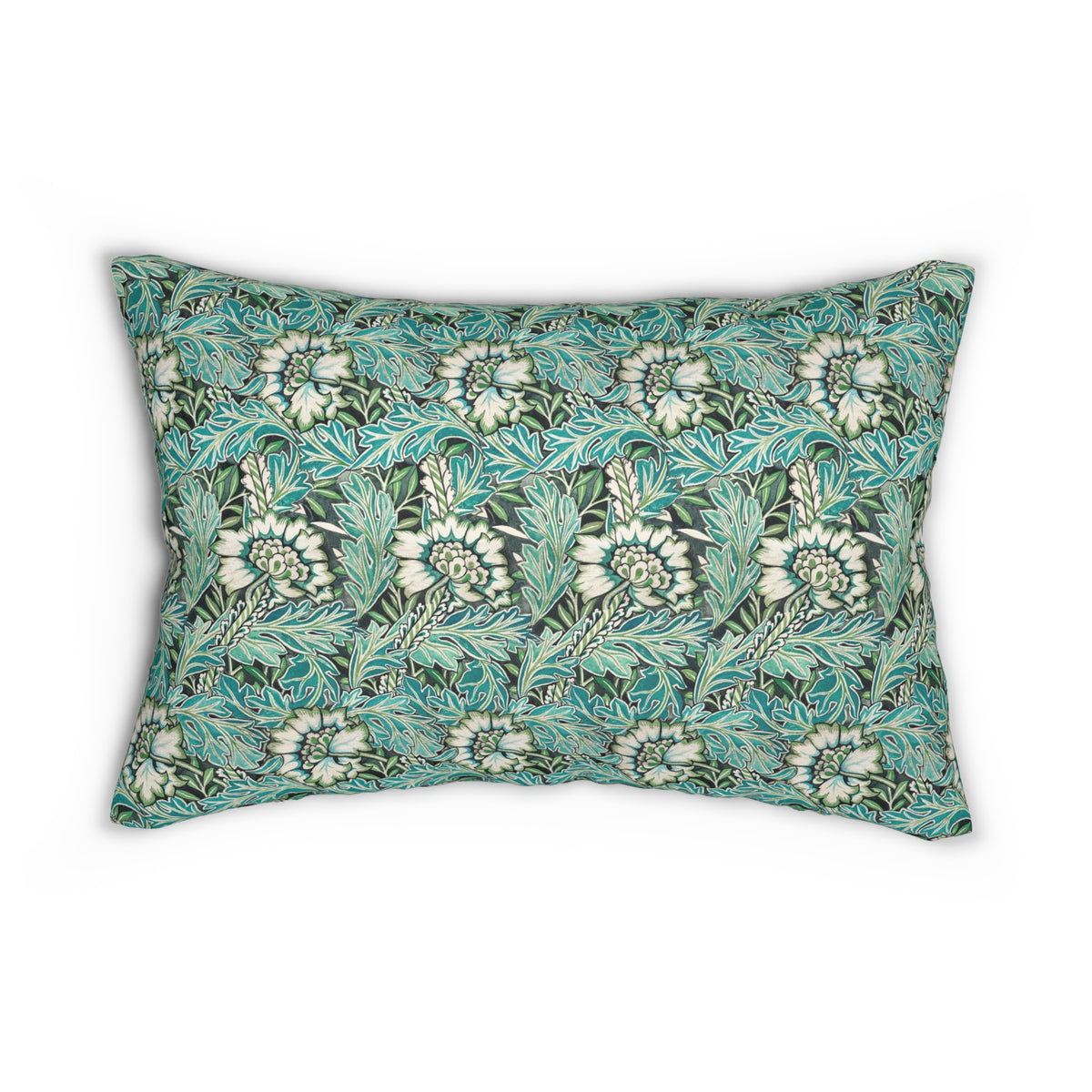 A rectangular lumbar throw pillow featuring a classic William Morris-style floral and foliage pattern in teal, green, and cream, shown against a plain white background.