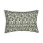 A rectangular decorative throw pillow featuring a dense floral and botanical pattern in muted green, gray, and off-white, set against a plain white background.
