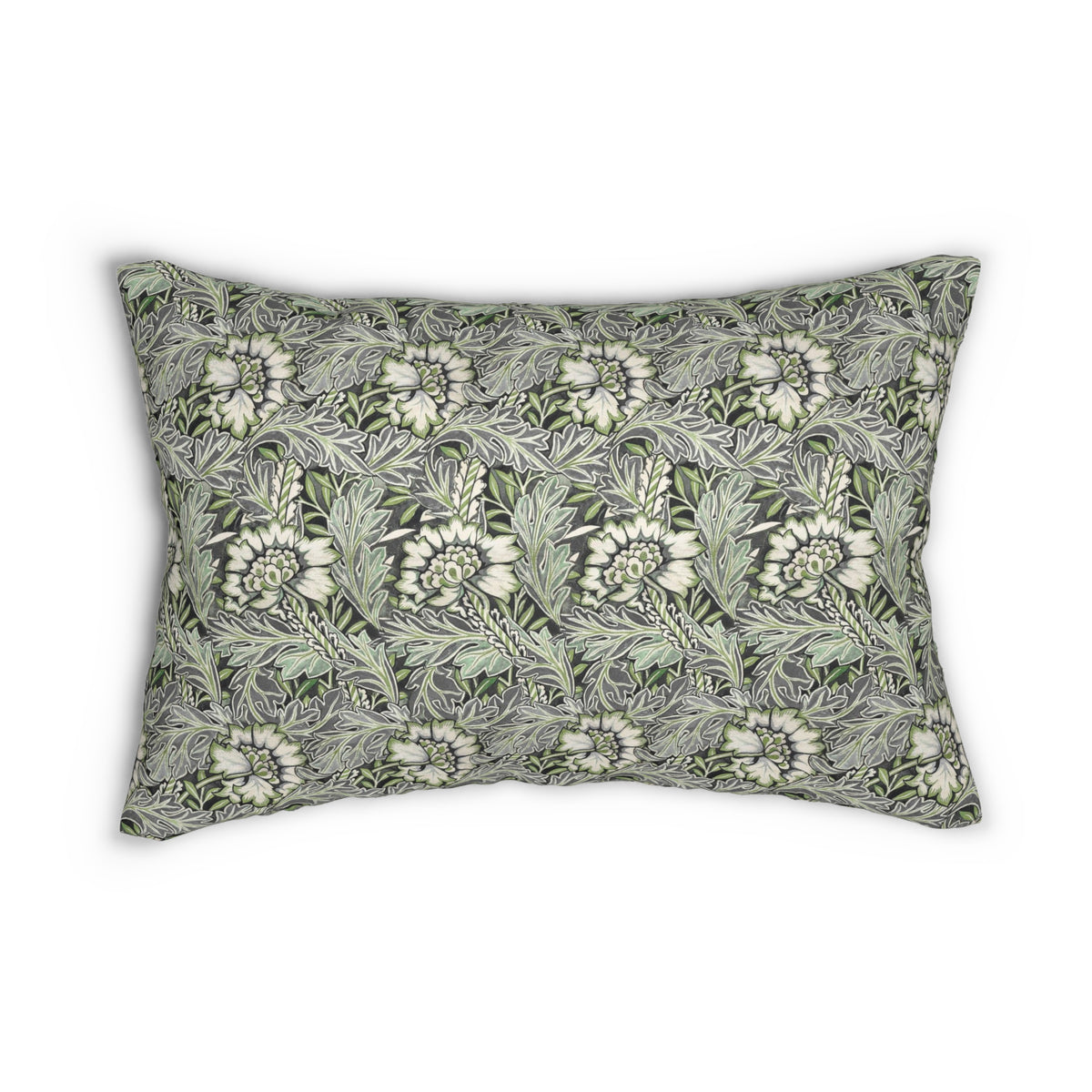 A rectangular decorative throw pillow featuring a dense floral and botanical pattern in muted green, gray, and off-white, set against a plain white background.