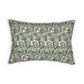 A rectangular lumbar throw pillow featuring a classic William Morris-style floral and foliage pattern in muted green, gray, and off-white, shown against a plain white background.