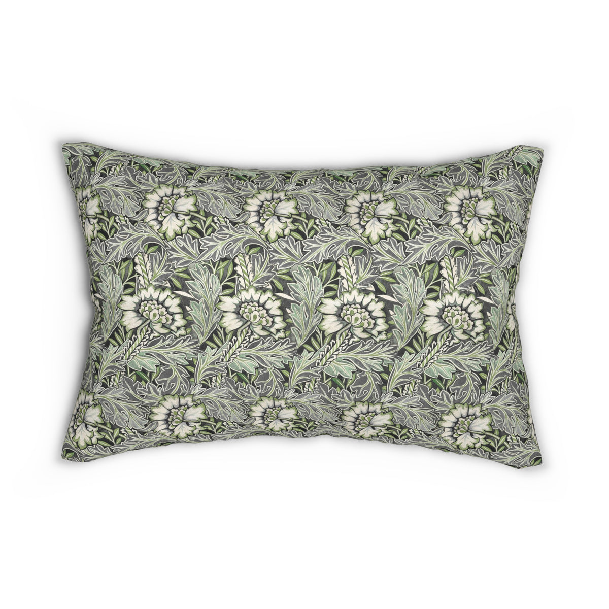 A rectangular lumbar throw pillow featuring a classic William Morris-style floral and foliage pattern in muted green, gray, and off-white, shown against a plain white background.