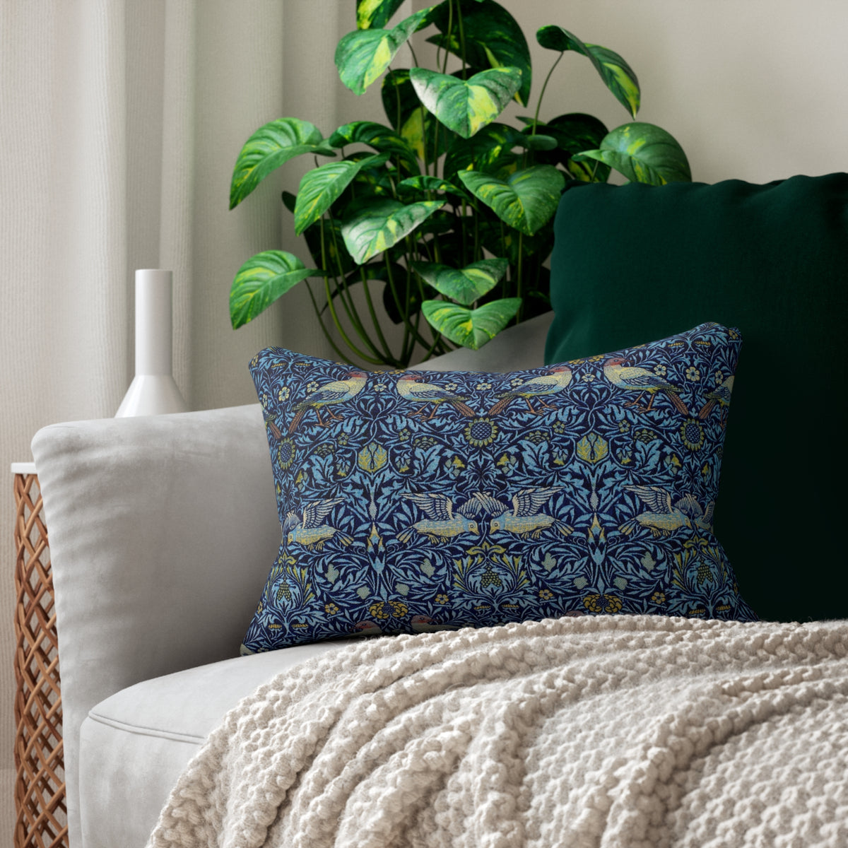 Lumbar Cushion designed by William Morris & Co in a blue floral pattern called Bird Collection (Blue)