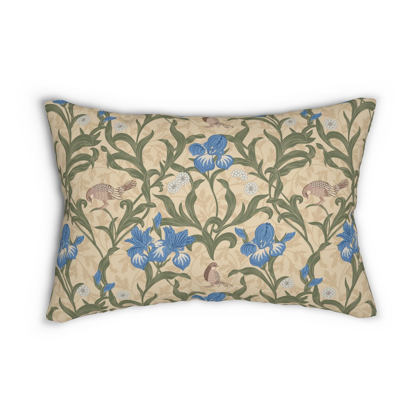 A rectangular lumbar cushion with a William Morris & Co floral pattern featuring blue irises, beige, and green colours on a white background with a concealed zipper.